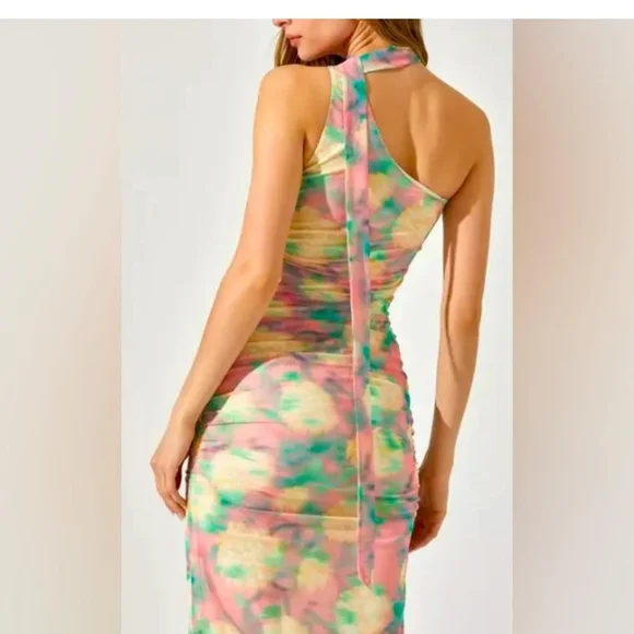 Astr Pink and Green Ruched Sheath Dress Size S - Picture 3 of 8